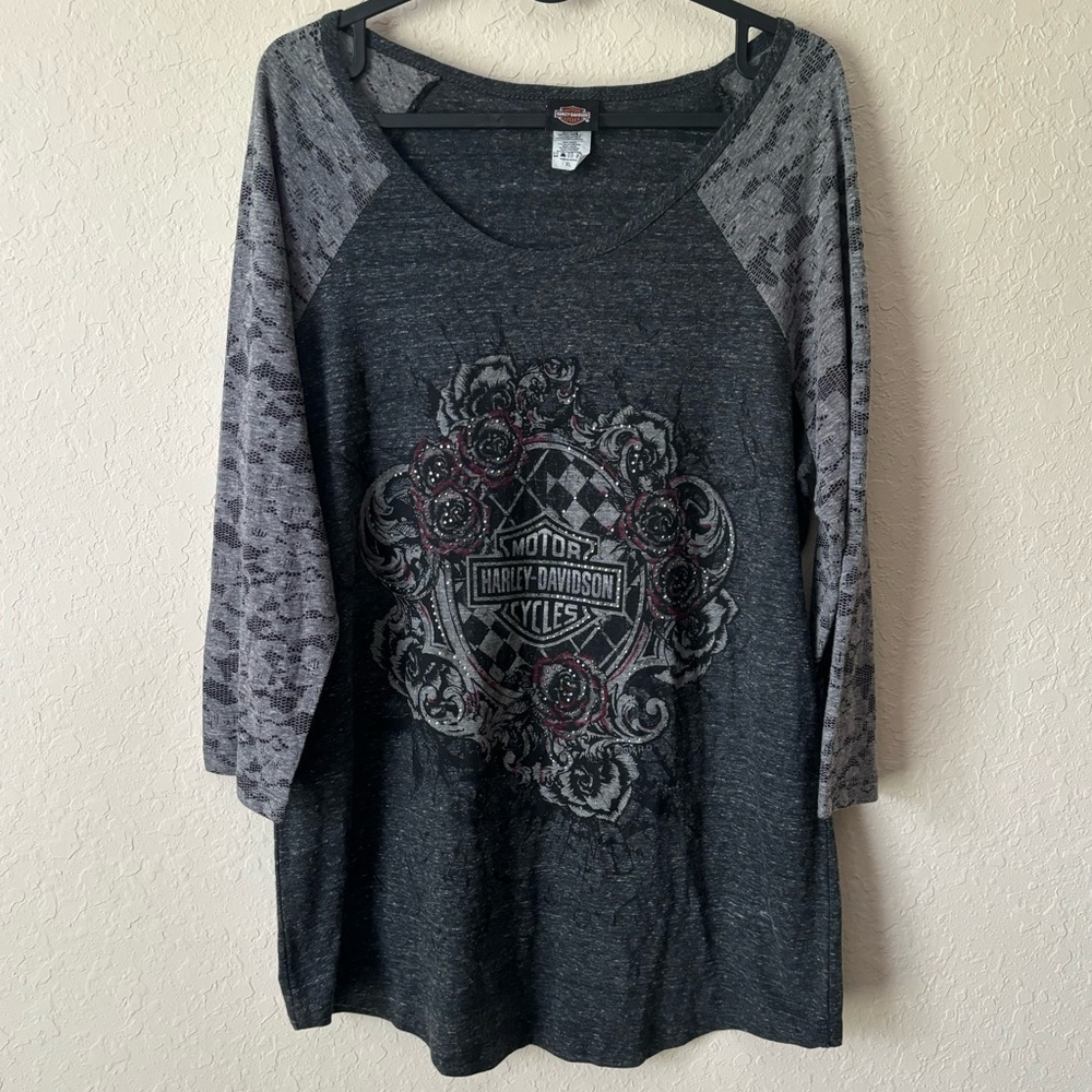 Harley Davidson | Women's Gray Heathered Rhinestone 3/4 Sleeve Shirt Size XL